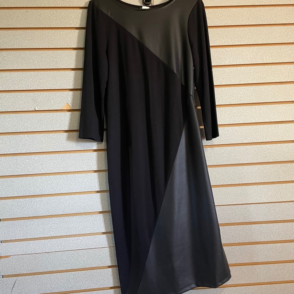 Venus Black Dress Faux Leather Panel Long Sleeve Career Cocktail Sz‎ 14